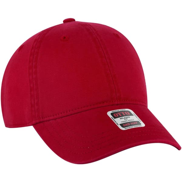 A red six-panel low profile dad cap featuring a curved brim and a logo on the side.