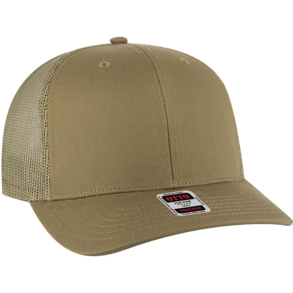A tan 6 panel mid profile trucker cap with mesh sides and a branded label on the front.