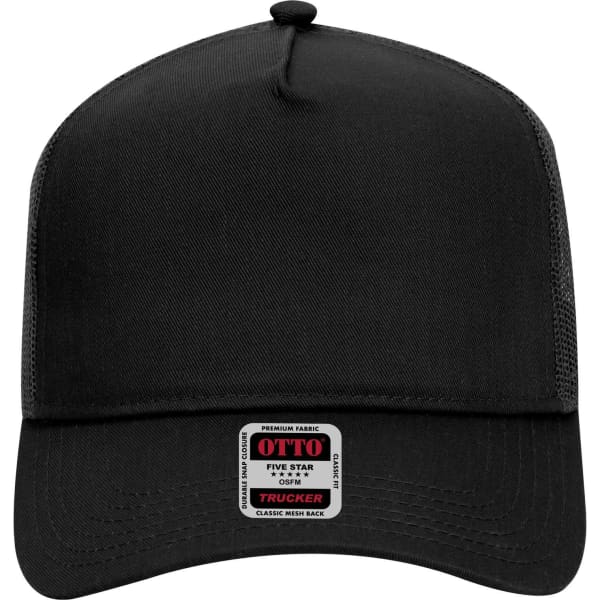 A black 5 panel mid profile trucker cap with a mesh back and a label on the front.