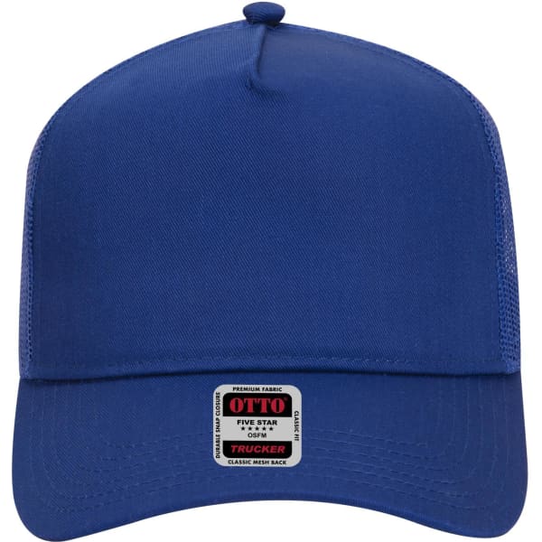 A blue 5 panel mid profile trucker cap with a mesh back and a label on the front.