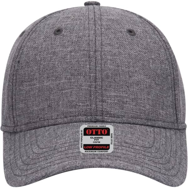 A grey low profile baseball cap featuring a slight texture and a logo tag on the front.