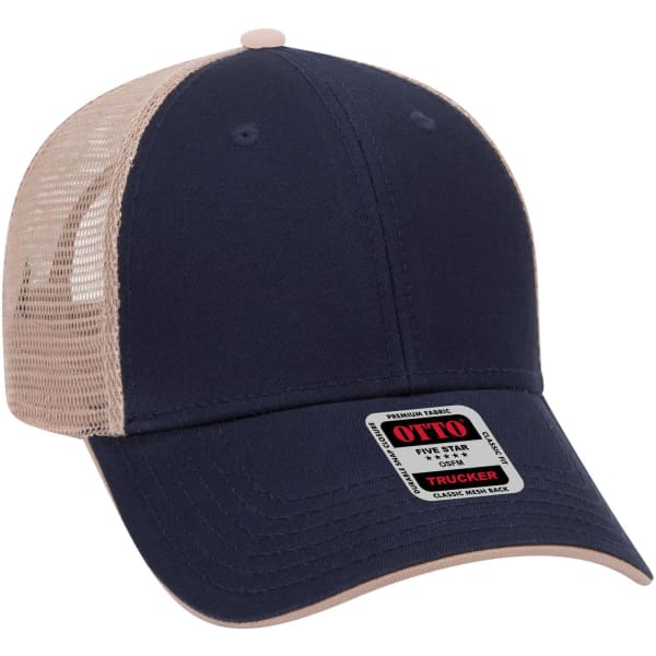 A navy blue and beige 6 panel low profile trucker cap with a logo on the front and mesh back.