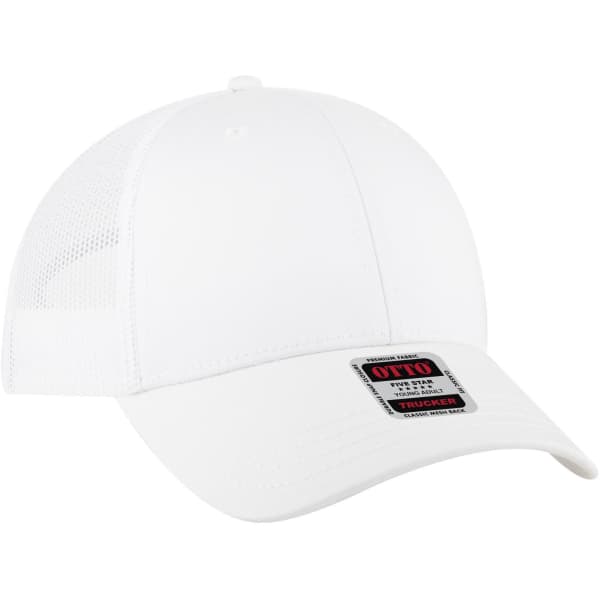 A white 6 panel low profile trucker cap featuring a mesh back and a logo on the front.