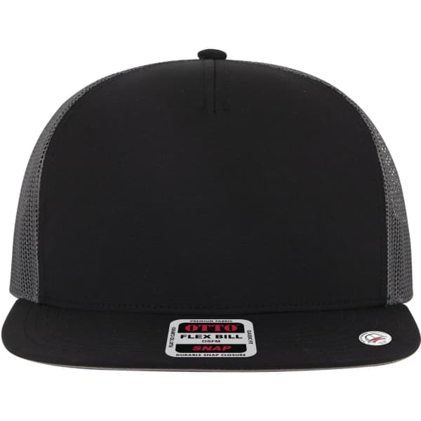A black 5-panel trucker cap with a grey mesh back, featuring a flat brim and a logo on the label.