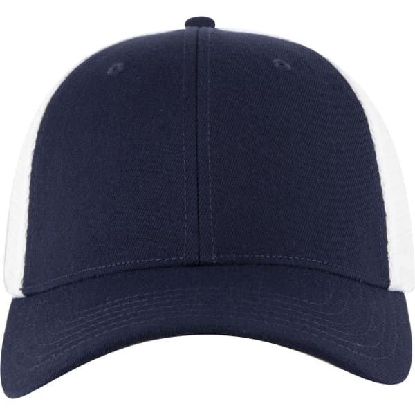A navy blue trucker cap with a low profile and white mesh sides. It features a logo on the front.