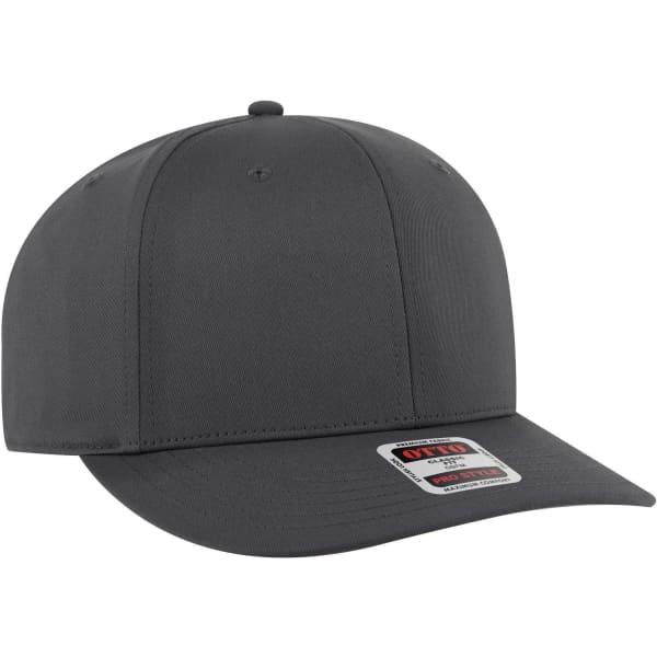 A grey 6 panel pro style snapback hat featuring a visor and a logo tag.