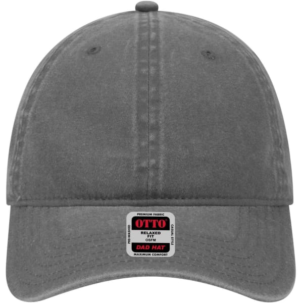 A grey 6-panel low profile dad cap with a logo on the front and a curved peak.