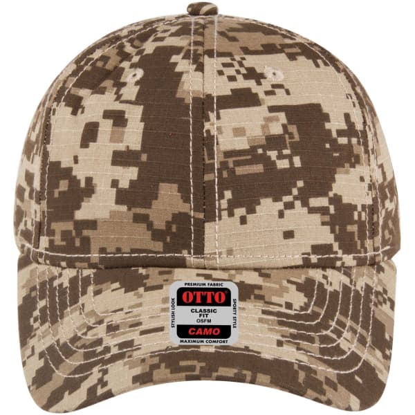 A camo 6 panel low profile baseball cap in earthy tones of brown and beige, featuring a logo on the front.