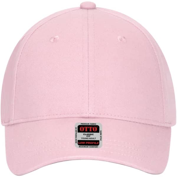A pink low profile baseball cap featuring a logo on the front. The cap has six panels.