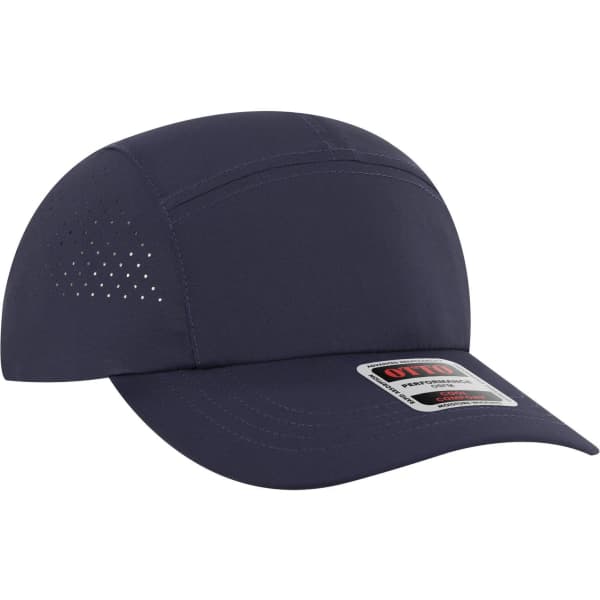 A navy 5 panel running hat with perforated detailing and a logo patch on the front.