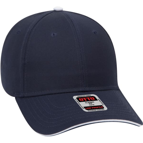 A navy blue 6 panel low profile baseball cap with a curved brim and a small branding label.