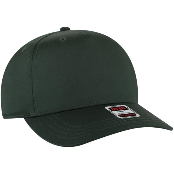 A dark green 5 panel mid crown baseball cap with a branded label on the side.