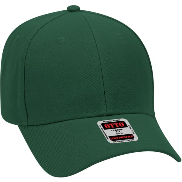A green 6 panel low profile baseball cap with a logo on the front.
