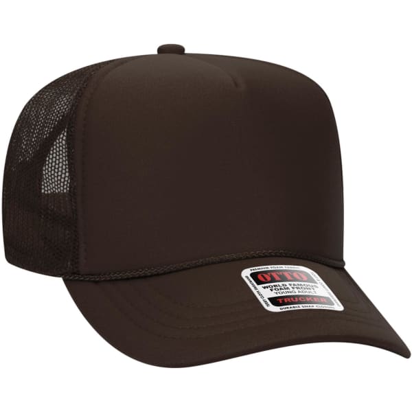 A brown 5 Panel High Crown Trucker Cap featuring a mesh back and a logo patch on the front.