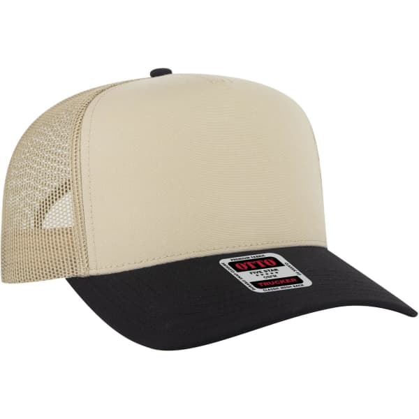 A 5 panel mid-profile trucker cap in cream with a black peak and mesh back, featuring a logo on the front.