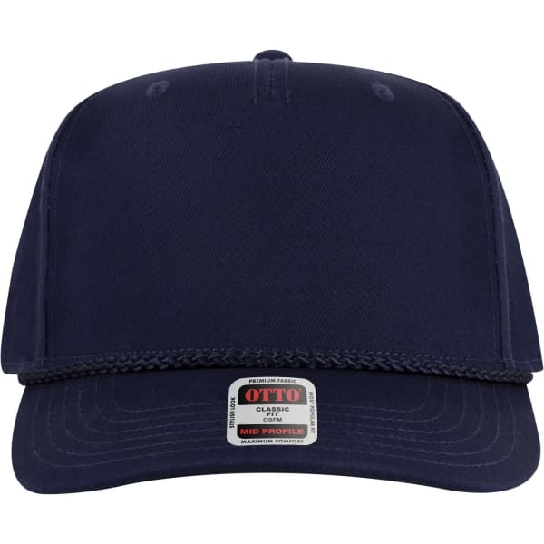 A navy blue 5 panel mid-profile baseball cap with a braided trim and a label on the front.