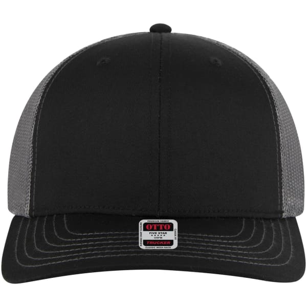 A black and grey six-panel mid-profile trucker cap with a mesh back and a logo on the front.