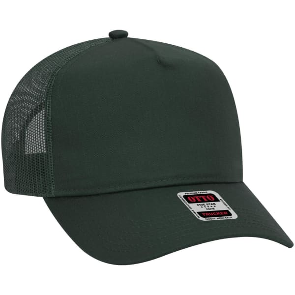 A green 5 panel mid profile trucker cap featuring a mesh back and a label on the front.