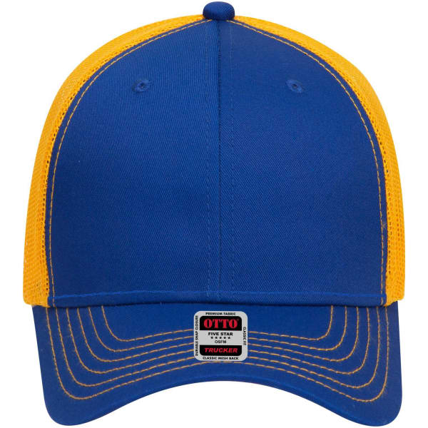 A blue and yellow 6 panel low profile trucker cap with a mesh back and a logo on the front.