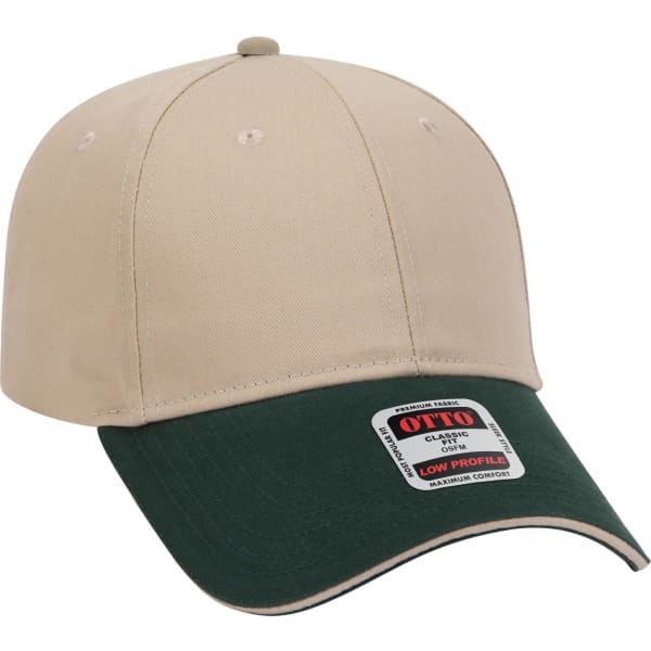 A low profile baseball cap featuring a beige crown and a dark green visor, with a logo on the front.