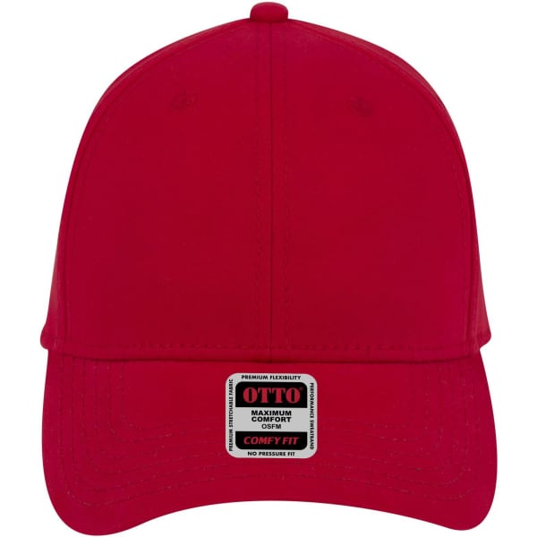 A red low profile baseball cap featuring a logo on the front and a branded label on the brim.