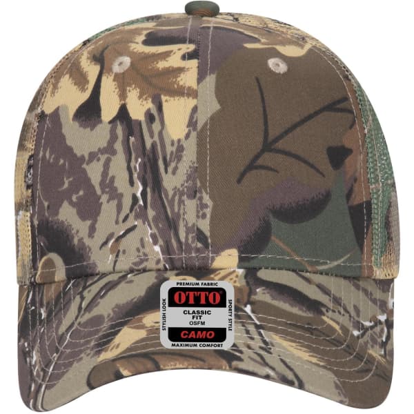 A camo 6 panel low profile trucker cap in shades of green, brown, and tan with a logo on the front.