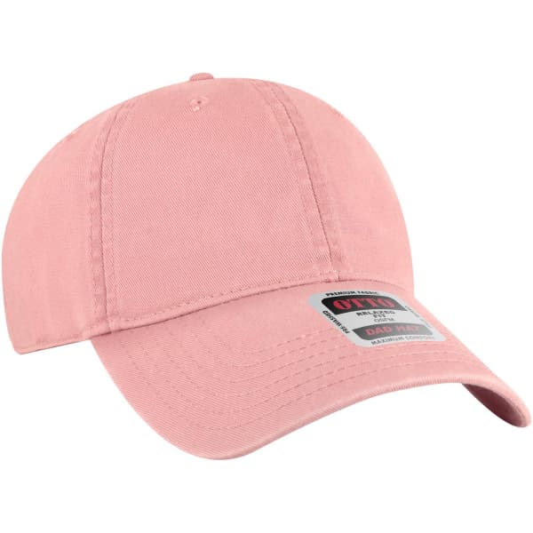 A pink low-profile dad cap with six panels and a branding label.