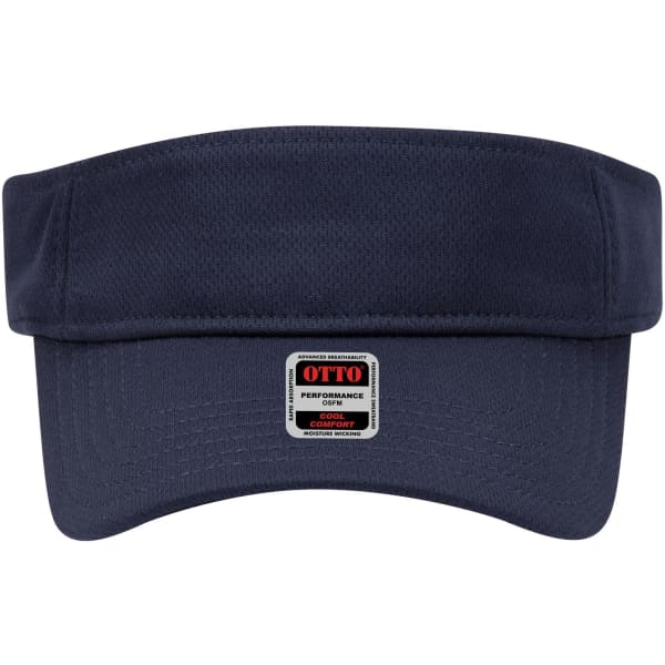 A navy blue sun visor with a wide brim and a branded label.