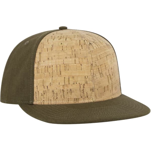 A cork and green fabric snapback cap featuring a mid-profile design and a flat brim. It includes a logo.