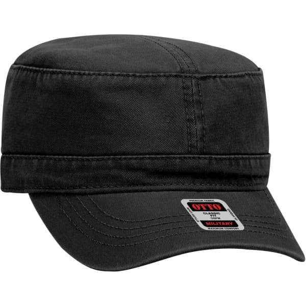 A black military-style hat with a structured crown and a short brim, featuring a branded label.