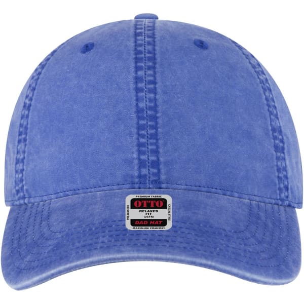 A blue six-panel low profile dad cap with a front branding patch and visible stitching detail.