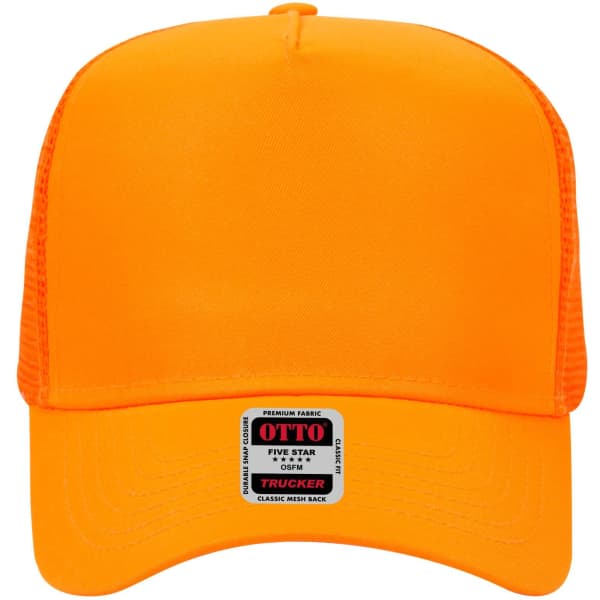 An orange 5 panel mid-profile trucker cap with a structured front and mesh sides, featuring a logo.