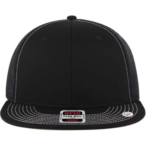 A black 6 panel mid-profile trucker cap with a mesh back and flex bill. It features a logo on the front.