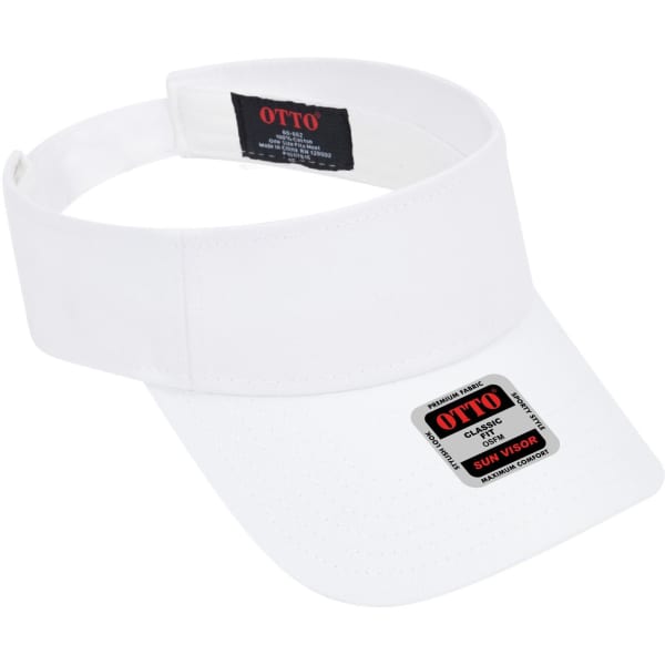 A white sun visor with a wide brim and an adjustable band, featuring a logo on the interior.
