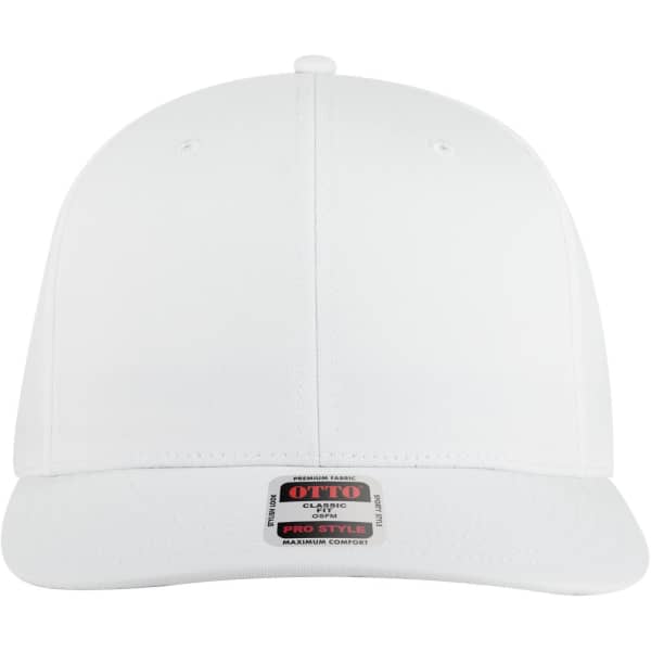 A white 6 panel pro style snapback hat with a branded label on the front.