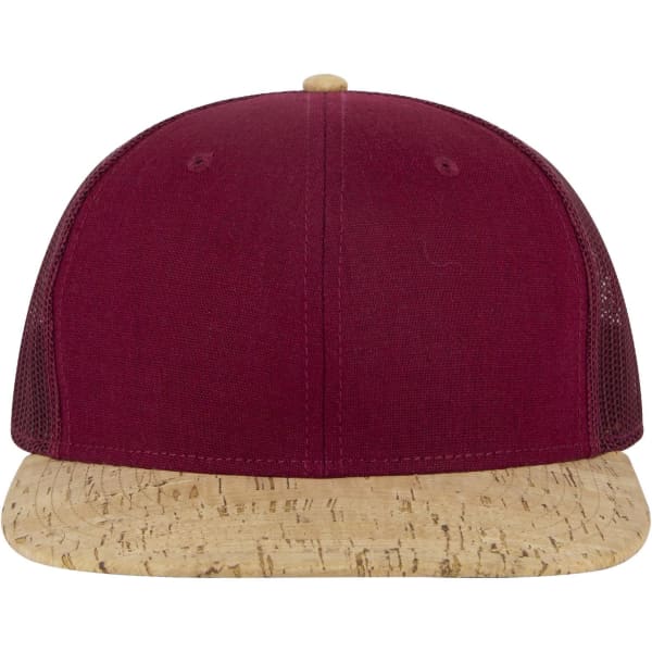 A maroon 6 panel mid-profile trucker cap with a cork-brimmed peak. Features mesh side panels and a logo.