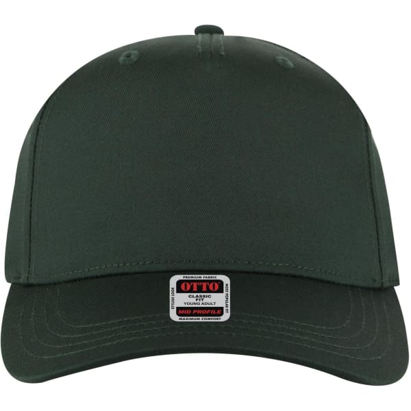 A green 5 panel mid crown baseball cap with a branded label on the front.