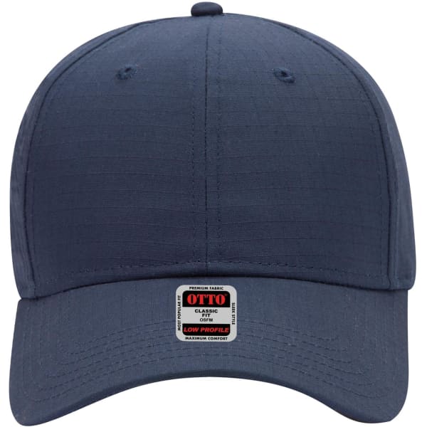 A navy six-panel low profile baseball cap featuring a logo on the front.