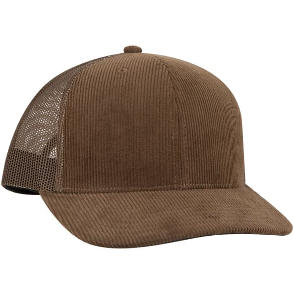 A brown 6 panel mid profile trucker cap featuring a corduroy front and mesh sides, with a logo on the front.