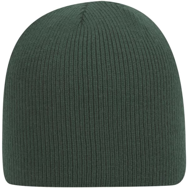 A classic knit beanie in dark green with a ribbed texture and a minimalistic design.