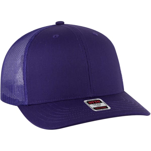 A purple 6 panel mid-profile trucker cap with a mesh back and a branded label on the side.