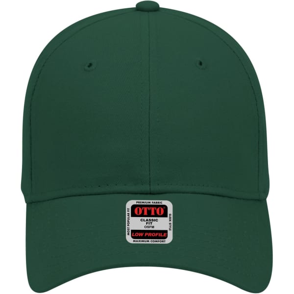 A green 6-panel low profile baseball cap with a logo at the front.