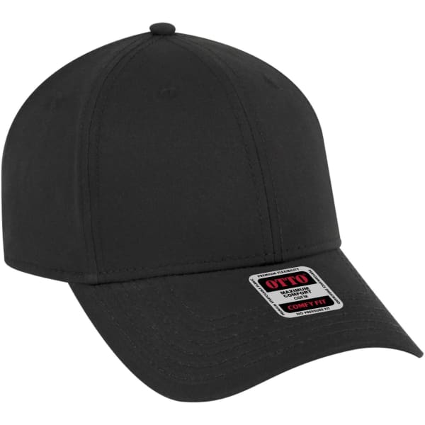 A black 6-panel low-profile baseball cap with a branded label on the front.