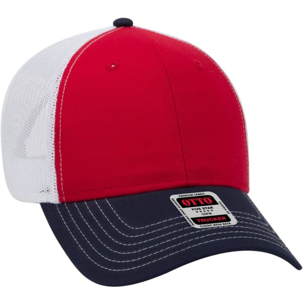 A red and white 6-panel low profile trucker cap with a navy blue peak and a logo on the front.