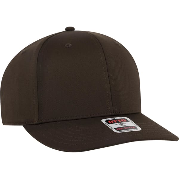 A brown 6 panel pro style snapback hat with a structured crown and a curved visor, featuring a logo.
