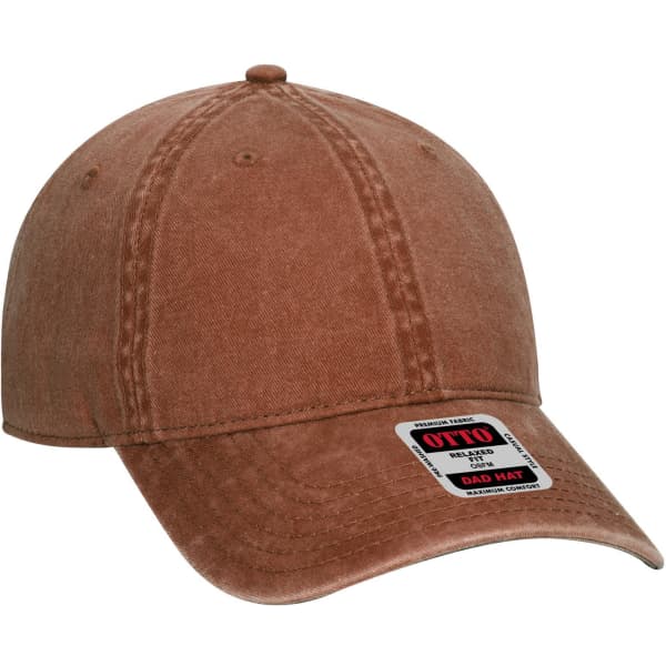 A brown 6 panel low profile dad cap with an adjustable strap and a logo on the front.