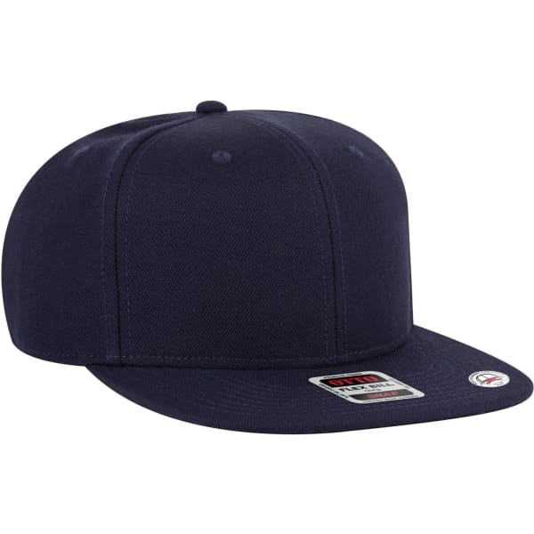 A navy blue 6-panel mid-profile snapback cap featuring a solid design and an embroidered logo.