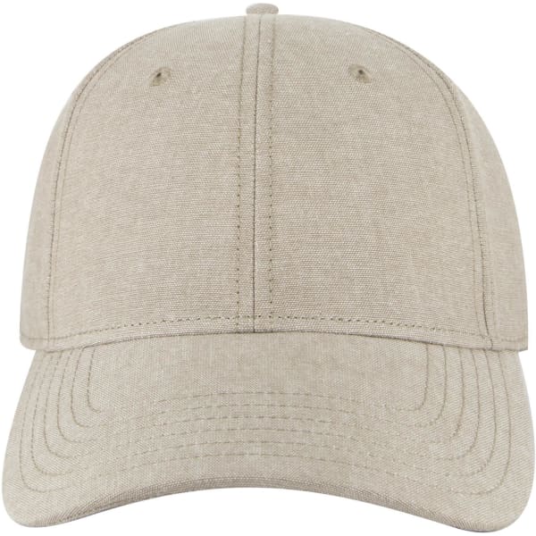 A light grey 6 panel low profile baseball cap with a logo on the front. Features stitching details throughout.