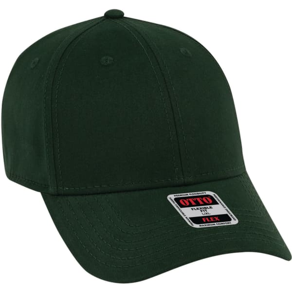A dark green six-panel low profile baseball cap with a branding label on the front.