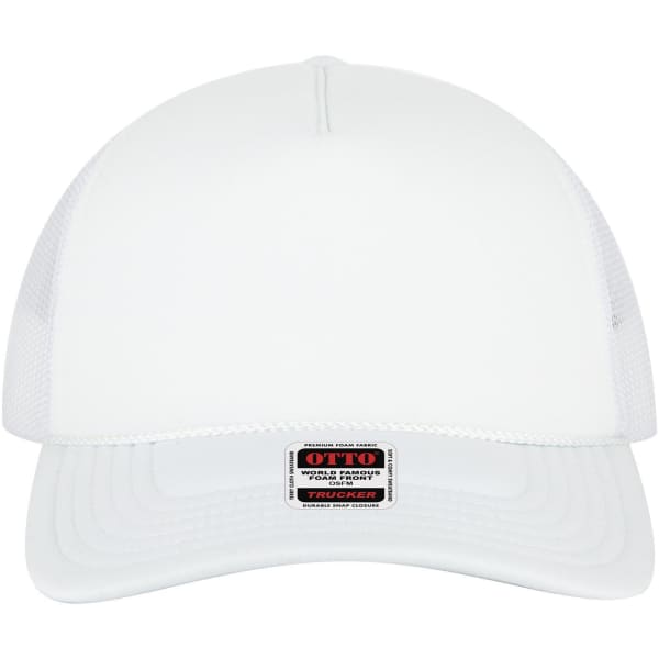 A low profile trucker cap in white with a mesh back and a logo at the front.